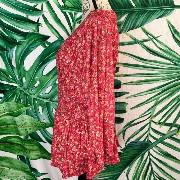 Lane Bryant 14/16 Red Floral Semi-Sheer Cinched Waist Spring Summer V Neck Top - Picture 2 of 9